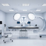 Heller Operationssaal mit modernen Instrumenten, die Komponenten aus Edelstahl haben